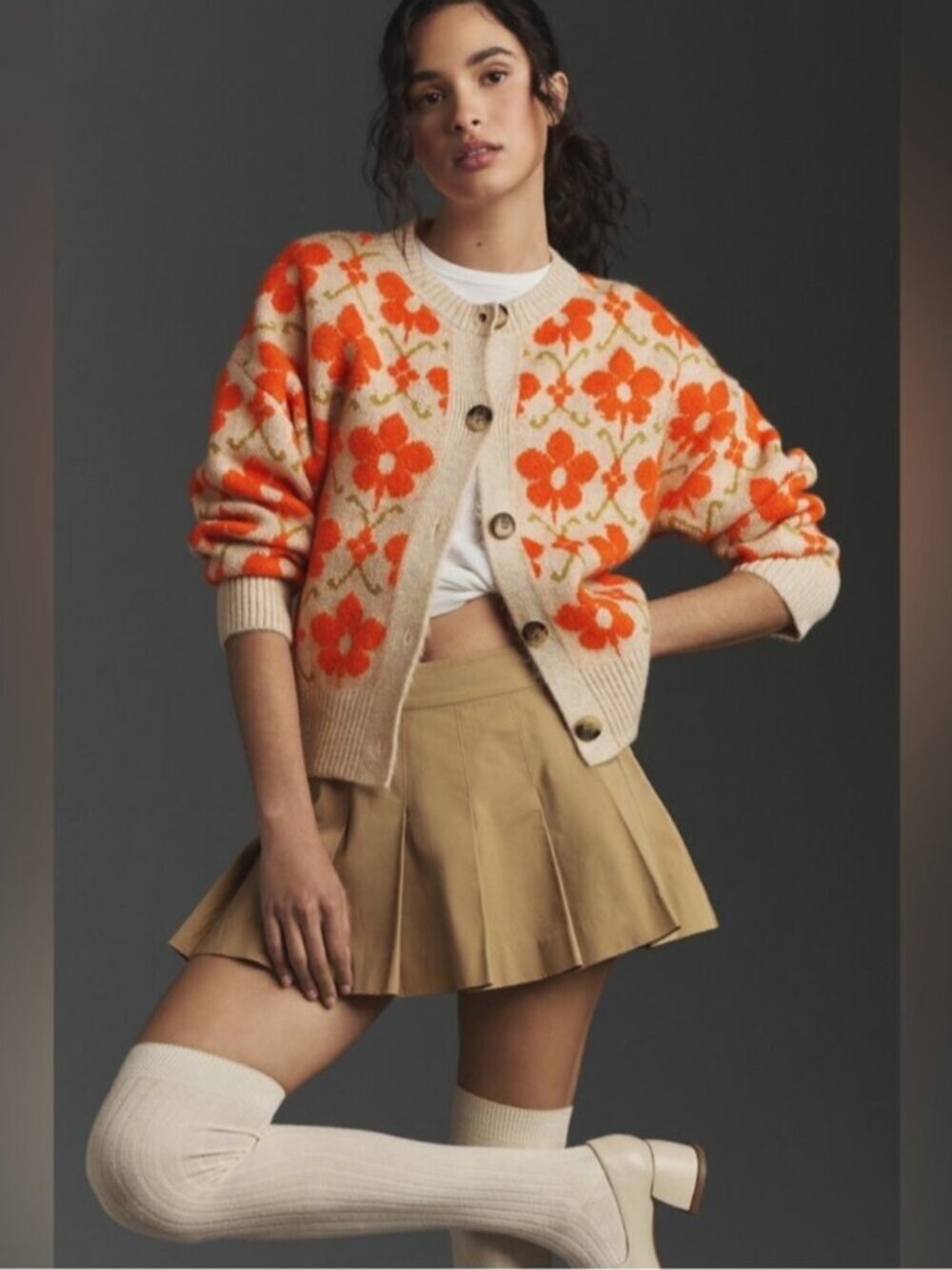 Anthropologie Cream Cardigan with Orange Floral Pattern - Picture 3 of 16